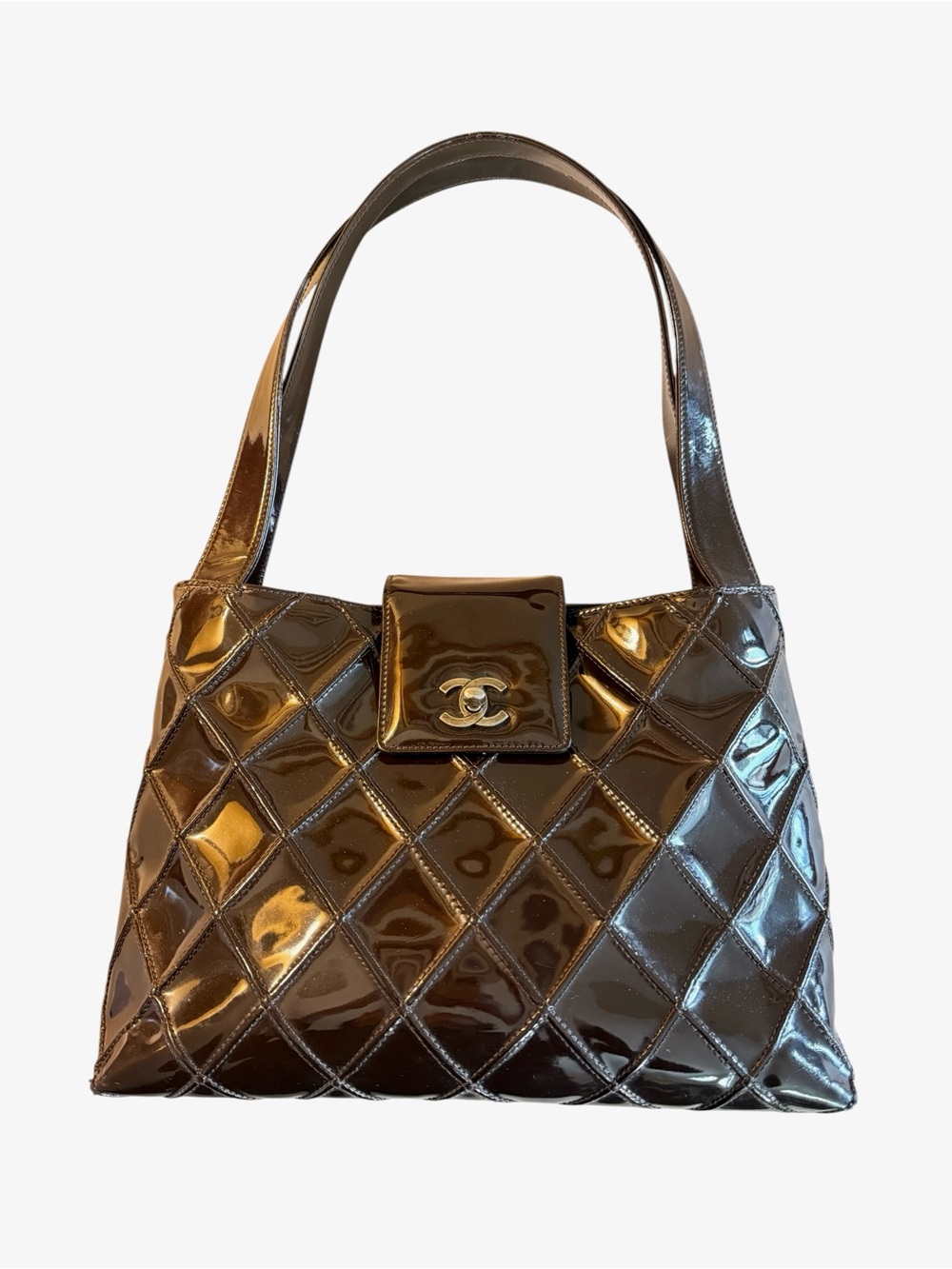 Chanel Trendy CC quilted brown patent leather handbag